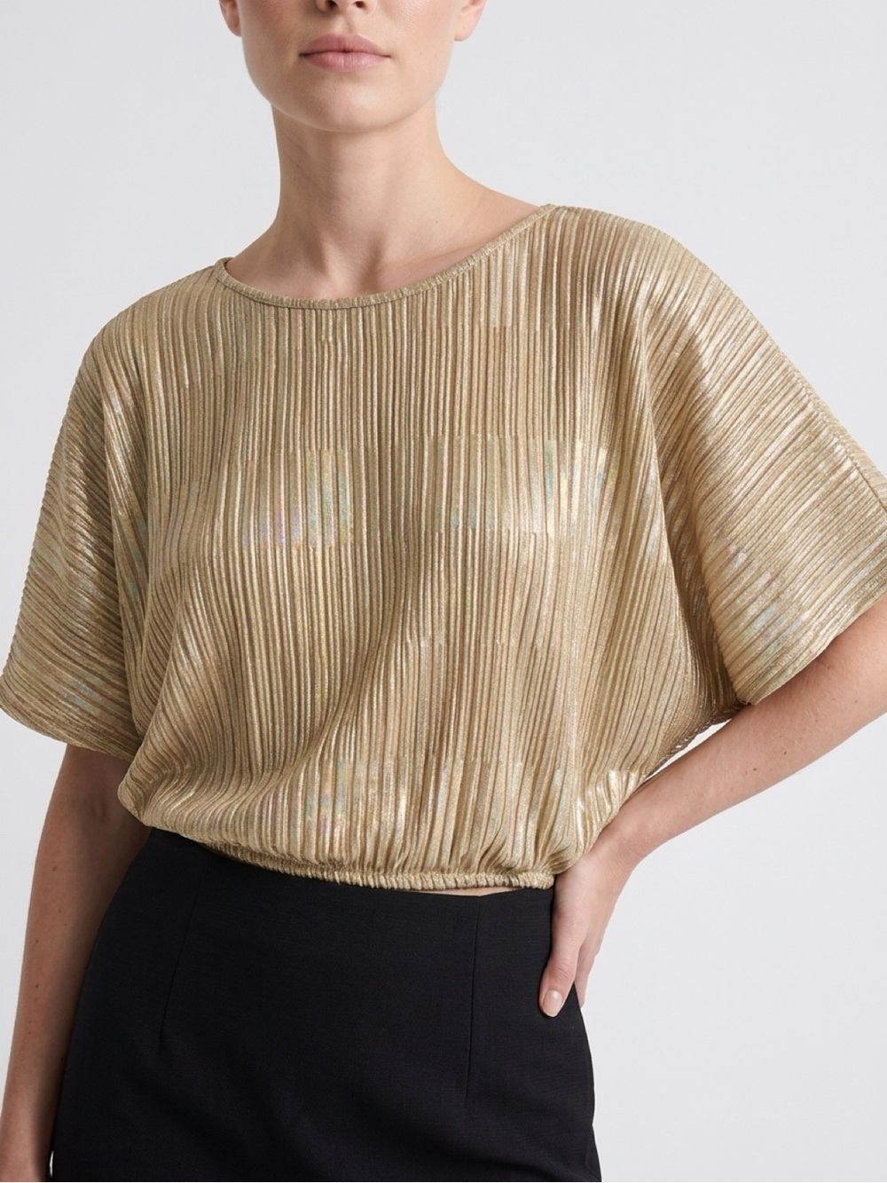 Gold Metallic Pleated Dolman Batwing Top Disco Party Blouse